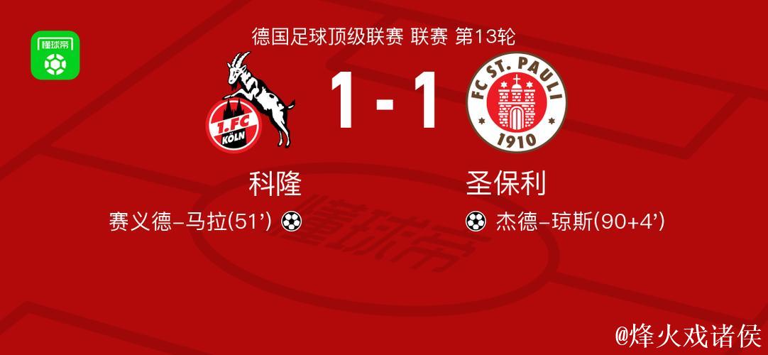 科隆1-1战平圣保利，赛义德-马拉率先破门，杰德-琼追平比分